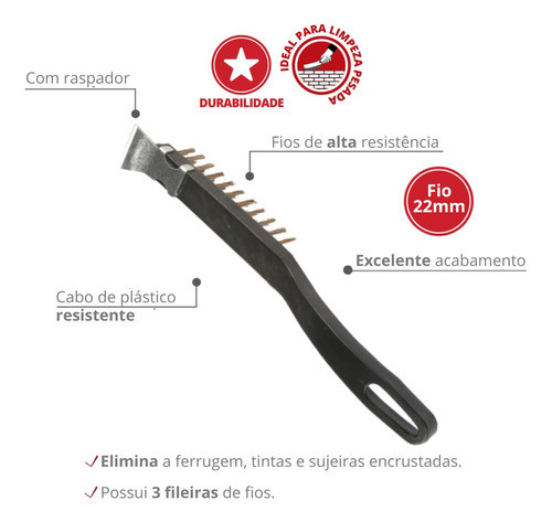 Escova De Aço C/ Cabo  Plástico C/ Raspador Fio 2,2cm Durín 1