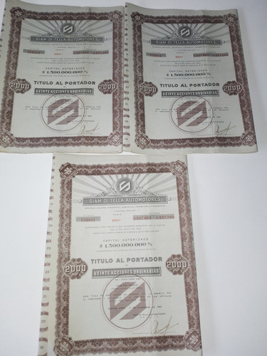 Titulos Al Portador Antiguos Siam Di Tella Automotores 0