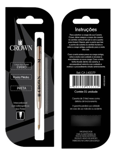 Carga  Crown Preta Esferográfica Padrão Parker Ca14007p 0