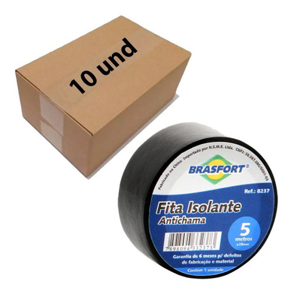 Fita Isolante Brasfort Preta 19mm X 5 Metros Kit 10 Rolos 0