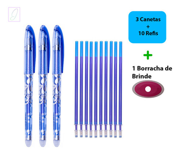 3 Canetas Gel Apagável - Escreve E Apaga 0.5mm Tinta Azul 1