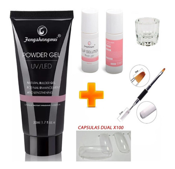 Combo 1 Polygel Powder Gel 50ml Uv/led + Pincel + Solución 0