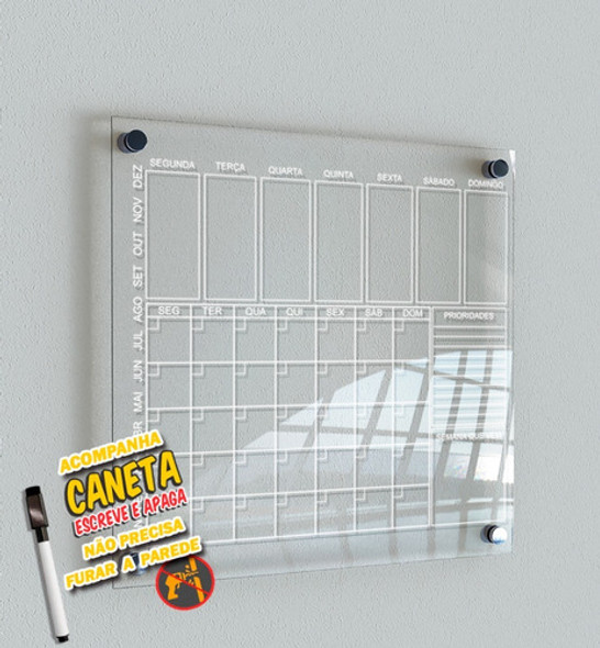 Lousa Quadro Branco Moldura Acrílico Planner + Caneta 0