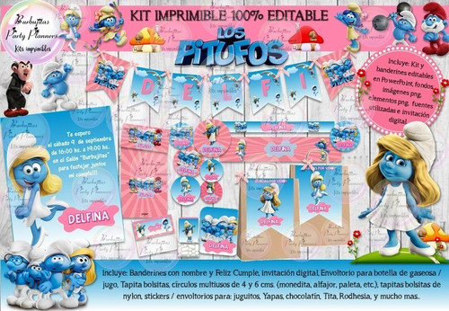 Kit Imprimible Candy Bar Los Pitufos Pitufina 100% Editable 1