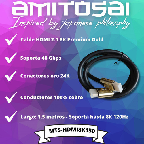 Cable 1,5m Hdmi 8k 120hz 2.1 Hdr Earc 48gbps Gold Amitosai 1