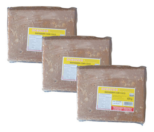 Rapadura De Cana De Açucar Com Côco Ceará Kit 3 Und 680g 0