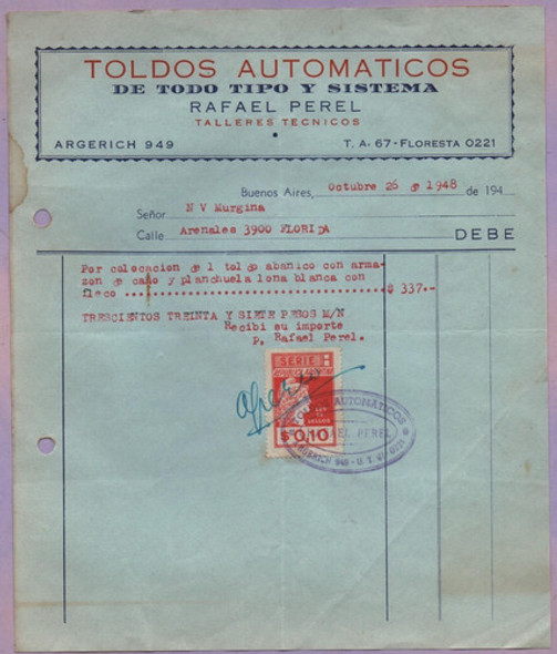 Antigua Factura De Toldos Automáticos Con Sello Fiscal 0