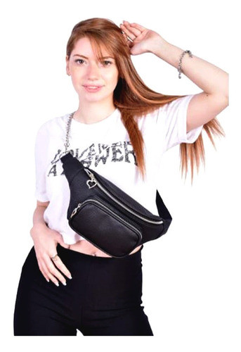 Riñonera Con Cadena Mujer Clásica Negra Eco Cuero Ecologico 1