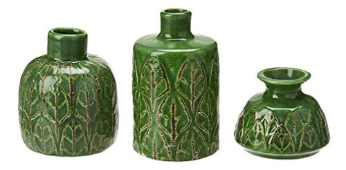 Jarrones De Gres Verde En Relieve Creative Co-op (juego De 3 1