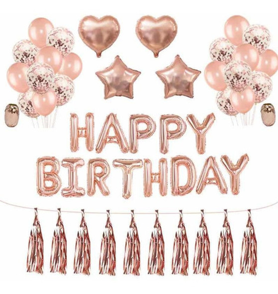 Set Globos Happy Birthday Cumpleaños Fleco Rosa Gold 0