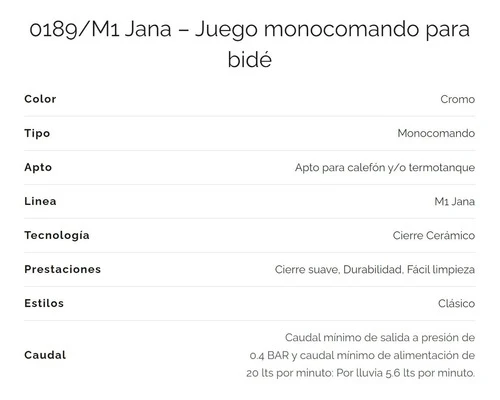 Griferia Fv Monocomando Bide Bidet Jana 0189/m1 Cromo 1