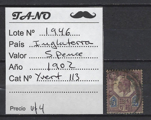 Lote1946 Inglaterra 5 Pence Año 1902 Yvert# 113 1