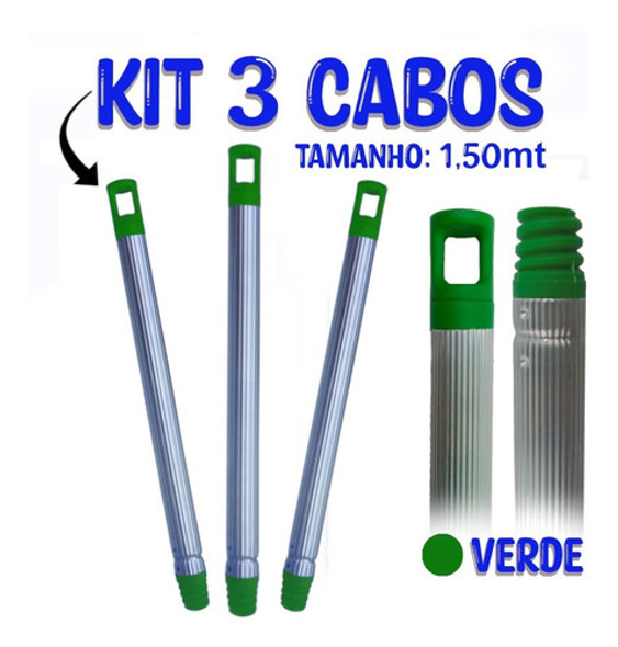 Cabo De Alumínio Vassoura Rodo Mop 1,50m Verde Kit C/ 3 1