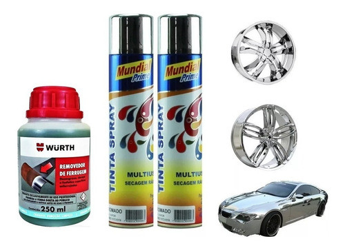 Kit 02 Tinta Spray Cromado + Removedor Ferrugem Wurth 0