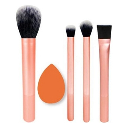 Kit Com 4 Pinceis Para Maquiagem E 1 Esponja Série Luxo Rosa 0