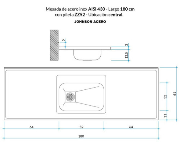 Mesada Johnson Acero Inoxidable 180x61 Cm Bacha Zz52 Centro 1
