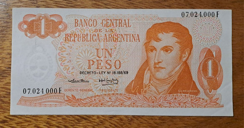 Bottero N 2319a Billete 1 Peso Ley 18.188/69. Excelente 0