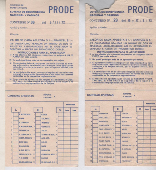 Lote De 2 Antiguas Boletas Del Prode - Futbol - Año 1972 0