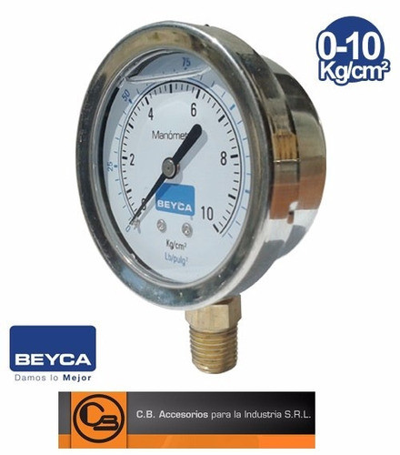 Manómetro Beyca 63mm 1/4 10 Kg Caja Inox Con Glicerina 1
