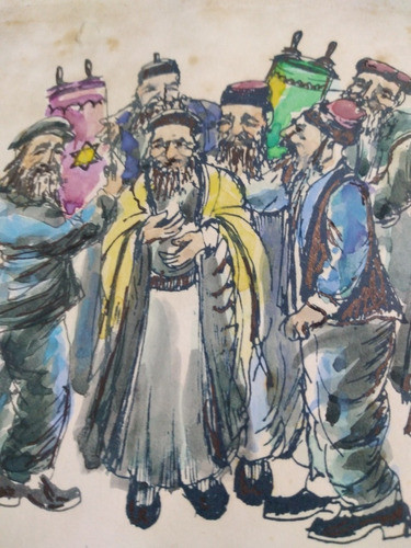 Acuarela ,  Del Pintor Israeli  B.z Magal    Rabinos 1