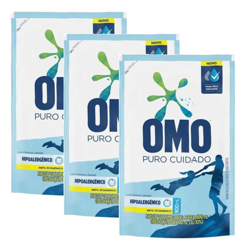 3 Detergente Lava Roupa Liquido Omo Puro Cuidado Sache 900ml 0
