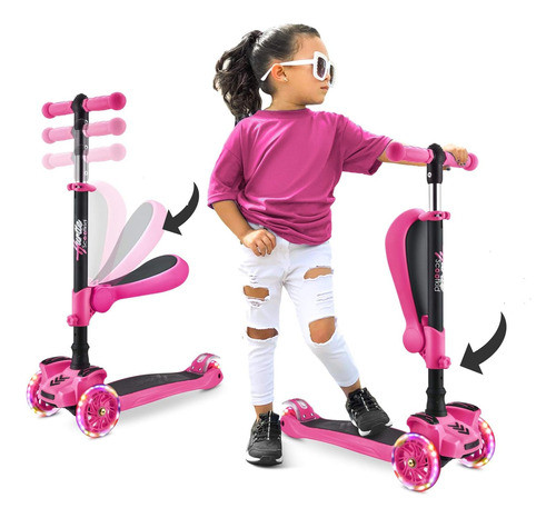 Patineta Plegable Para Niños De 2-1 Con Luces Rosa 0