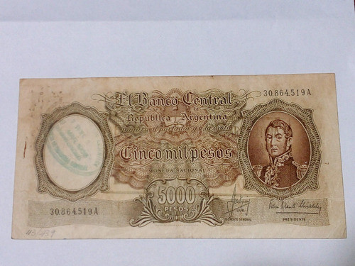 Billete Argentina 5000 $ M/n Falso De Epoca Sello Bna 0