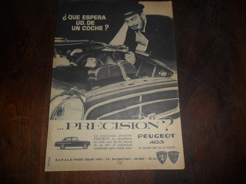 Antigua Publicidad 1963 Peugeot 403 Automovil Dapasa Coche 0