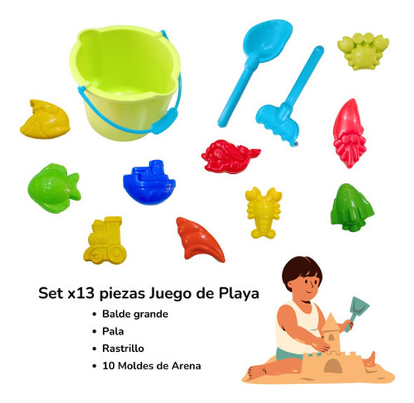 Set 13pz Playa Arena Molde Rastrillo Pala Balde Grande Juego 1