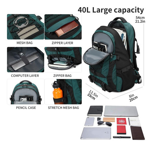 Mochila Para Senderismo 40l Ligera Impermeable Verde Bovip 1