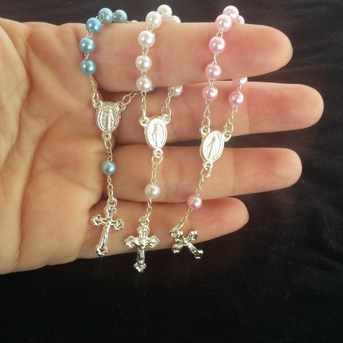 15 Mini Rosarios Denarios Souvenirs Bautismo Comunión Rosado 1