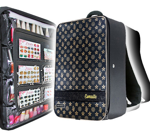 Maleta Mochila P/100 Esmaltes Bolsa Cosmético Preta Pink Rsm 0