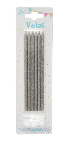 12 Velas Glitter Con Soporte - Color Plata - 14cm 0