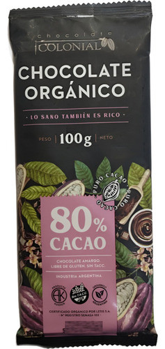 Chocolate Amargo Organico 80% Colonial Sin Tacc 100g Pack X6 1