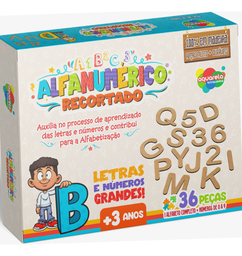 Jogo Alfanumérco Recortado 100 % Madeira Aquarela Brinquedos 0