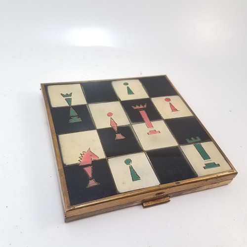 Polvera Antigua Art Nouveau Motivo Ajedrez 10 Cm 0