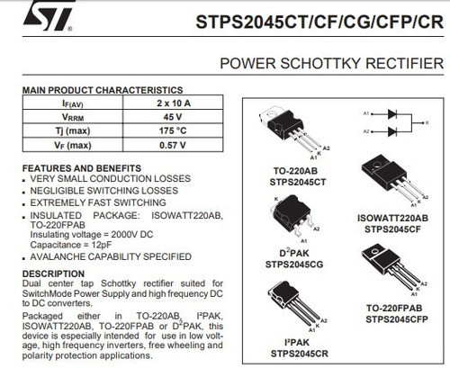 Diodo Schottky Stps2045ct Stps 2045stps2045 45v 10a To220 1