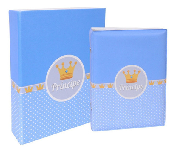 Estojo Imã Álbum 100 Fotos 15x21 Príncipe Azul Coroa Bebê 0
