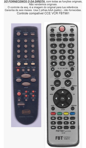 Controle Compativel Com Cce Vcr Fbt981 0