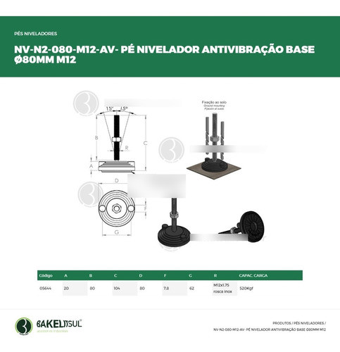 Pé Nivelador Articulado Antivibração Base 80 M12x80 Inox (04 Peças) 1