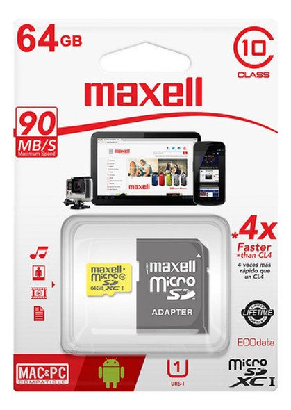 Memoria Micro Sd 64gb Maxell Clase 10 U3 Celular Camaras 0