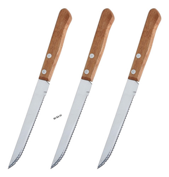 Set Cubiertos X3 Cuchillos De Mesa Mango Madera Cocina Asado 0