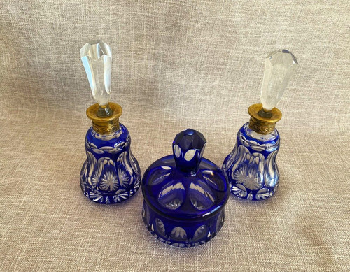 Juego De Tocador Cristal Hialino Y Azul Con Virola De Bronce 0