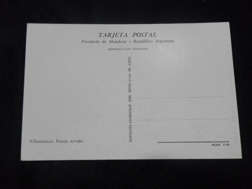Tarjeta Postal Villavicencio Paisaje Nevado Mendoza Cromogra 1