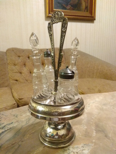 Condimentero Porta Condimento Antigüedad Cristal Peltre 0