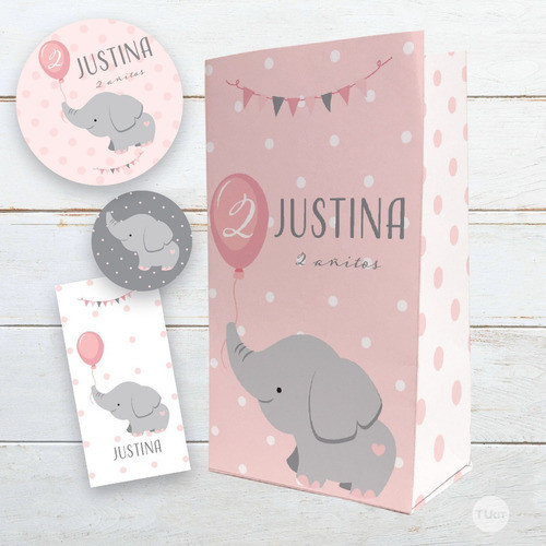Kit Imprimible Elefante Bebe Gris Rosa Candy Bar Tukit 1