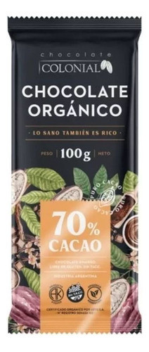 Chocolate Organico Amargo Sin Tacc 70% Cacao Colonial X 6 1