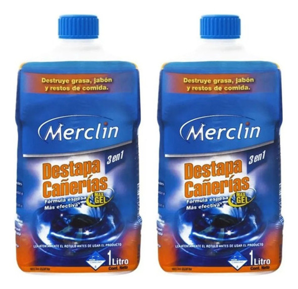 Destapa Cañerías X2 En Gel 1 Litro Limpia Graseras Merclin 0