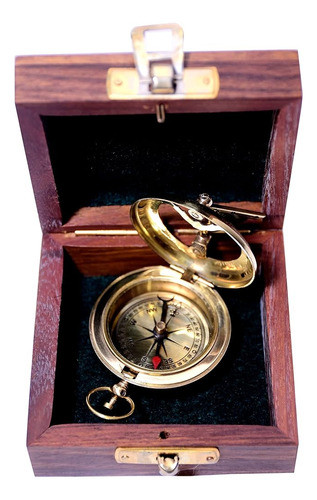 Brújula Abierta De Latón Hecha A Mano Con Estuche De Madera 0
