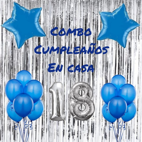 Combo Cumple Plata- Azul Cortina Globos Perlados Metalizados 0
